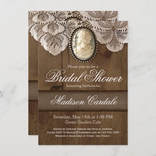 ヴィンテージカメオブルックレースブライダルシャワー招待状 招待状 (正面/裏面)