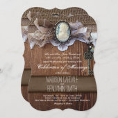 ヴィンテージカメオ鍵バーラップウッドウェディング招待状 招待状 (正面/裏面)