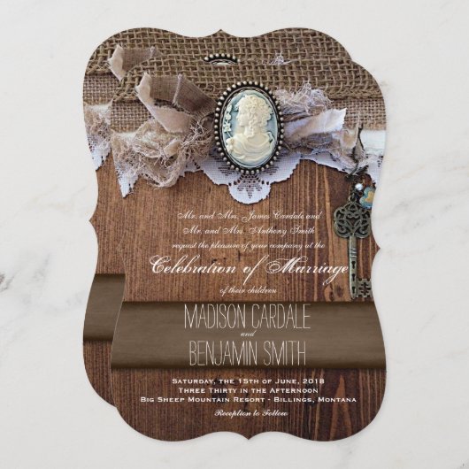 ヴィンテージカメオ鍵バーラップウッドウェディング招待状 招待状 (正面/裏面)