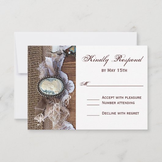 ヴィンテージカメオ鍵Burlap WoodウェディングRSVPカード 出欠カード (正面)
