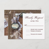 ヴィンテージカメオ鍵Burlap WoodウェディングRSVPカード 出欠カード (正面/裏面)