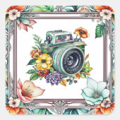 ヴィンテージカメラかわいらし花水彩 スクエアシール (正面)