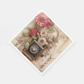 ヴィンテージカメラと花のデコパージュ/パーティー用 スタンダードランチョンナプキン (角)
