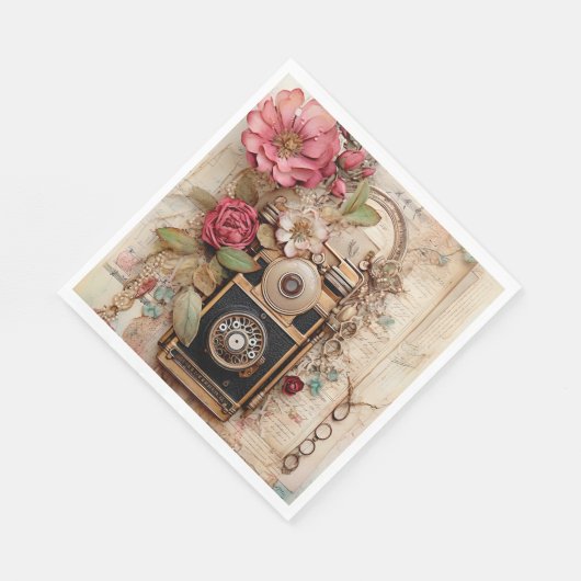 ヴィンテージカメラと花のデコパージュ/パーティー用 スタンダードランチョンナプキン (角)
