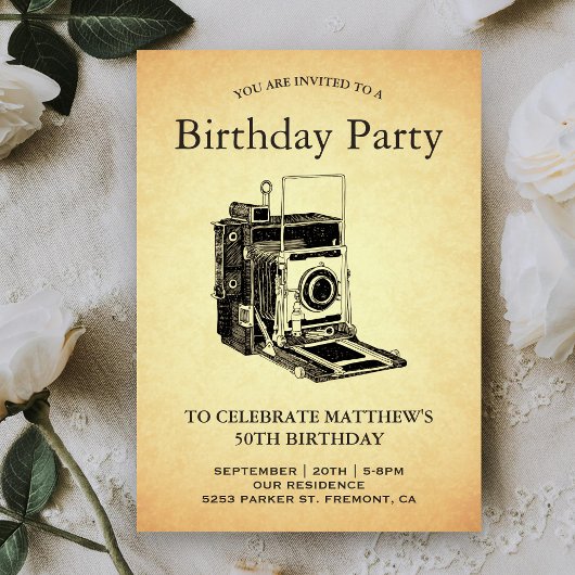 ヴィンテージカメラの誕生日パーティー 招待状