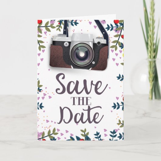 ヴィンテージカメラのSave the Date ノートカード (正面)