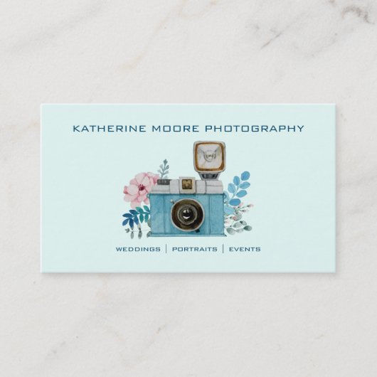 ヴィンテージカメラ&フラワーウォータカラー写真 名刺 (正面)