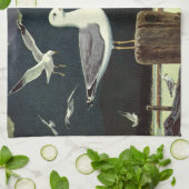 ヴィンテージカモメの止まった桟橋、海鳥の動物 キッチンタオル (折り畳み)