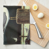 ヴィンテージカモメの止まった桟橋、海鳥の動物 キッチンタオル (四つ折り)