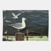 ヴィンテージカモメの止まった桟橋、海鳥の動物 キッチンタオル (横)