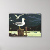 ヴィンテージカモメの止まった桟橋、海鳥の動物 キャンバスプリント (正面)