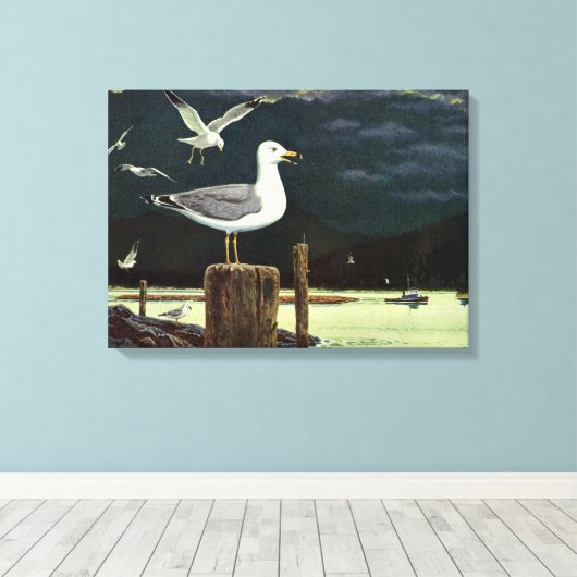 ヴィンテージカモメの止まった桟橋、海鳥の動物 キャンバスプリント (インサイチュ (ウッドフロア))