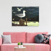 ヴィンテージカモメの止まった桟橋、海鳥の動物 キャンバスプリント (インサイチュ (リビング))