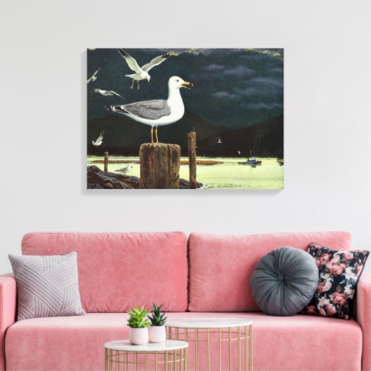 ヴィンテージカモメの止まった桟橋、海鳥の動物 キャンバスプリント (インサイチュ (リビング))