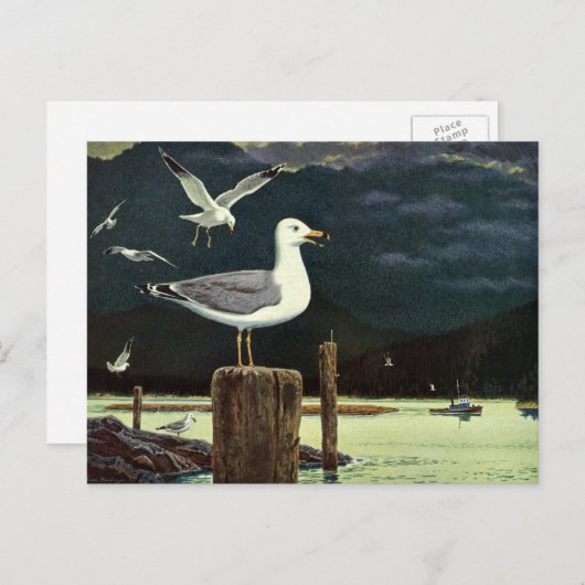 ヴィンテージカモメの止まった桟橋、海鳥の動物 ポストカード (正面/裏面)
