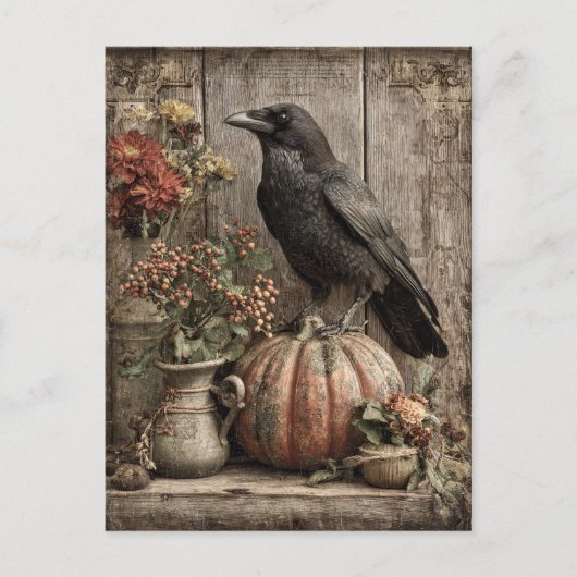 ヴィンテージカラスとカボチャの静物画 ポストカード (正面)