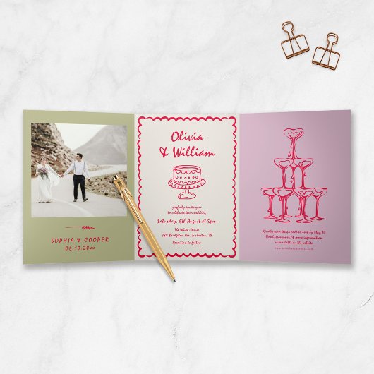 ヴィンテージカラフルの写結婚真 三つ折り招待状