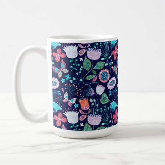 ヴィンテージカラフルの花と蝶のパターン コーヒーマグカップ (左)
