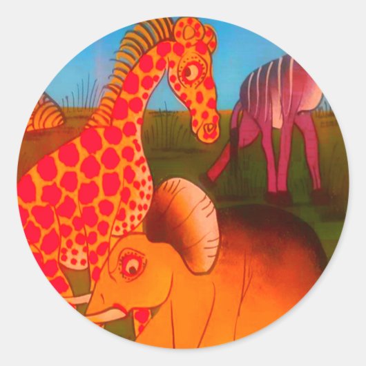 ヴィンテージカラフルアフリカ野生動物色デザイン ラウンドシール (正面)