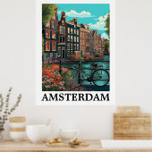 ヴィンテージカラフルアムステルダムオランダカナルビュー ポスター (キッチン)
