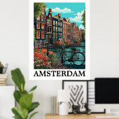 ヴィンテージカラフルアムステルダムオランダカナルビュー ポスター (ホームオフィス)