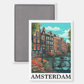 ヴィンテージカラフルアムステルダムオランダカナルビュー マグネット (正面/裏面)