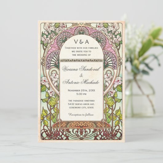 ヴィンテージカラフルウェディング招待状アールヌーボー 招待状 (スタンド正面)