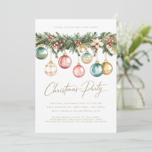 ヴィンテージカラフルオーナメントボーブルクリスマスパーティー 招待状 (スタンド正面)