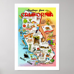 ヴィンテージカラフルカリフォルニア地図プリント ポスター