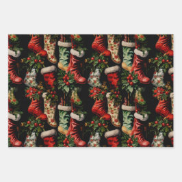 ヴィンテージカラフルクリスマスストッキング ラッピングペーパーシート