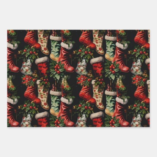 ヴィンテージカラフルクリスマスストッキング ラッピングペーパーシート (正面)