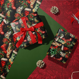 ヴィンテージカラフルクリスマスストッキング ラッピングペーパー