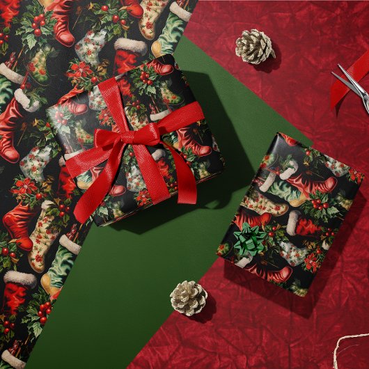 ヴィンテージカラフルクリスマスストッキング ラッピングペーパー
