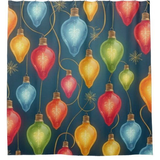ヴィンテージカラフルクリスマスライトデコール シャワーカーテン (正面)