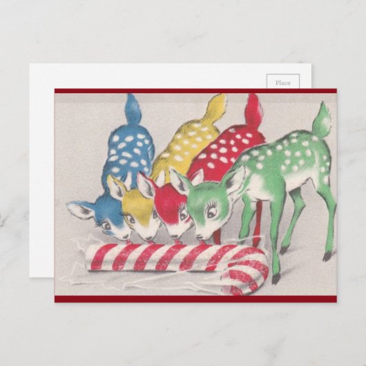 ヴィンテージカラフルクリスマス食べ鹿のキャンディーケーン シーズンポストカード (正面/裏面)