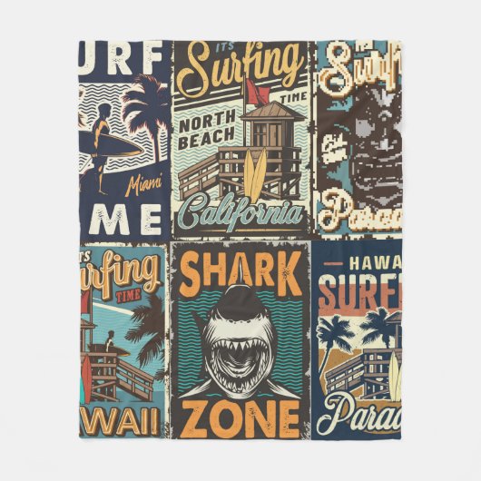 ヴィンテージカラフルサーフィンポスターセット フリースブランケット (正面)