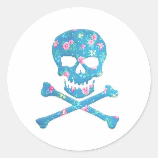 ヴィンテージカラフルスカル、ピンクと青の花 ラウンドシール (正面)