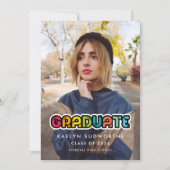 ヴィンテージカラフルタイポグラフィの卒業写真 案内状 (正面)