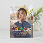 ヴィンテージカラフルタイポグラフィの卒業写真 案内状 (スタンド正面)