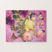ヴィンテージカラフルピンク&イエローローズ&蝶 ジグソーパズル (横)