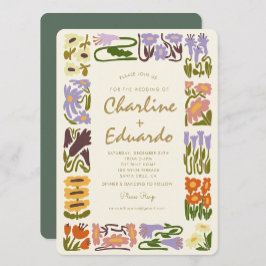 ヴィンテージカラフルフラワーレトロ結婚ズ 招待状