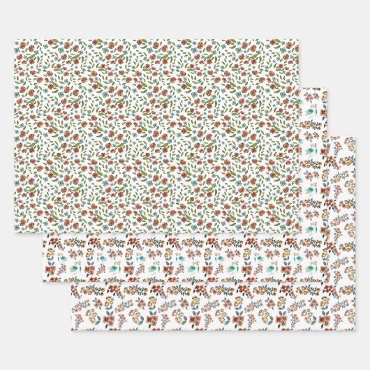 ヴィンテージカラフルフローラバードパターンクリスマス ラッピングペーパーシート (セット)