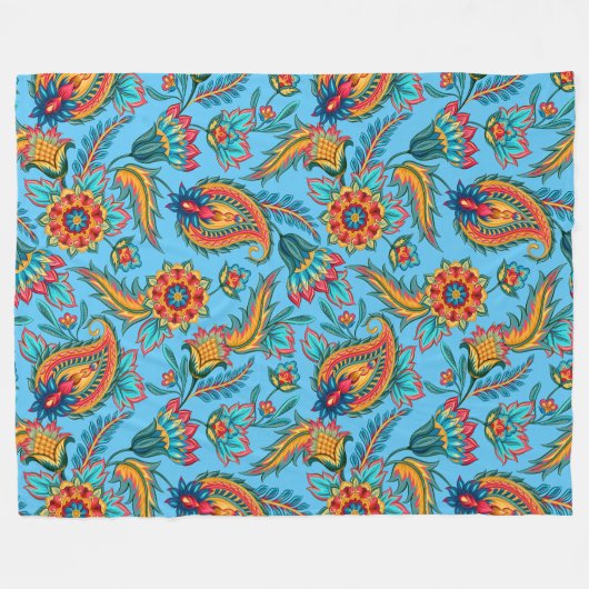 ヴィンテージカラフルフローラペイズリーオンブルー フリースブランケット (正面(横))