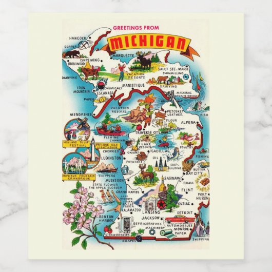 ヴィンテージカラフルミシガン地図はがき ワインラベル (シングルラベル)