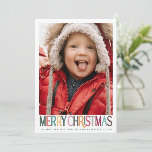 ヴィンテージカラフルメリークリスマスかわいい星の写真 シーズンカード (スタンド正面)