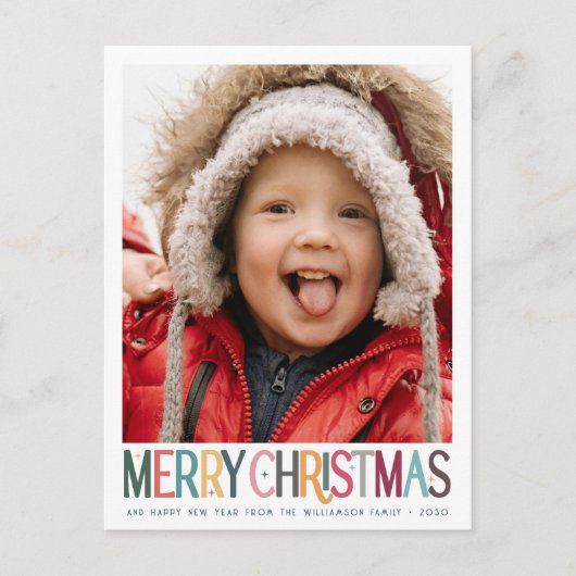 ヴィンテージカラフルメリークリスマスかわいい星の写真 シーズンポストカード (正面)