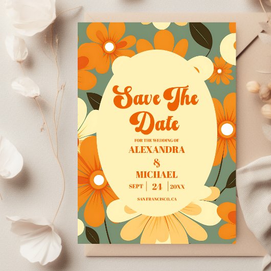 ヴィンテージカラフルレトロ結婚フローラ セーブザデート