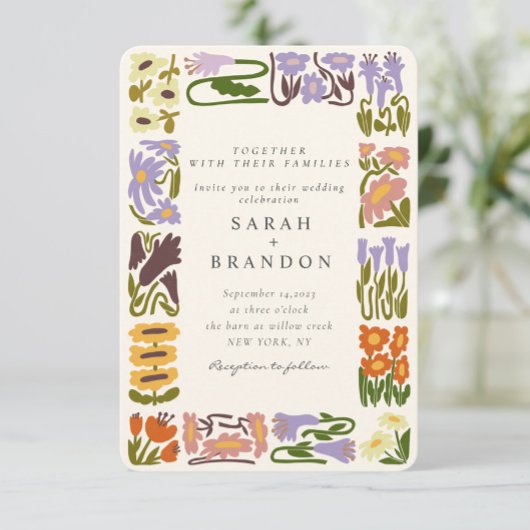 ヴィンテージカラフルレトロ結婚フローラ 招待状