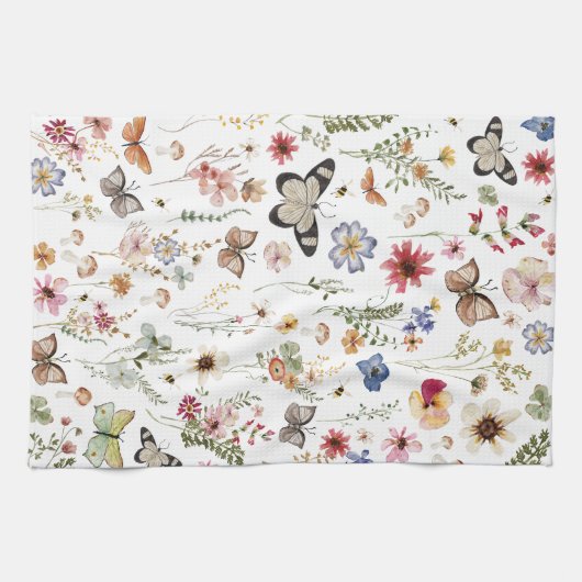 ヴィンテージカラフルワイルドフラワーズバタフライボタニカル キッチンタオル (横)