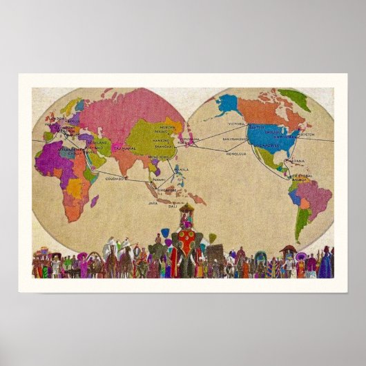 ヴィンテージカラフル世界地図 ポスター (正面)